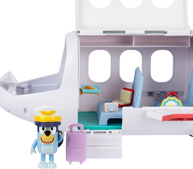Bluey Adventure Plane, Airplane Toys, Pilot Figure and Accessories | Open side with fold-down stairs, family seating, and luggage storage in this airplanes for kids playset