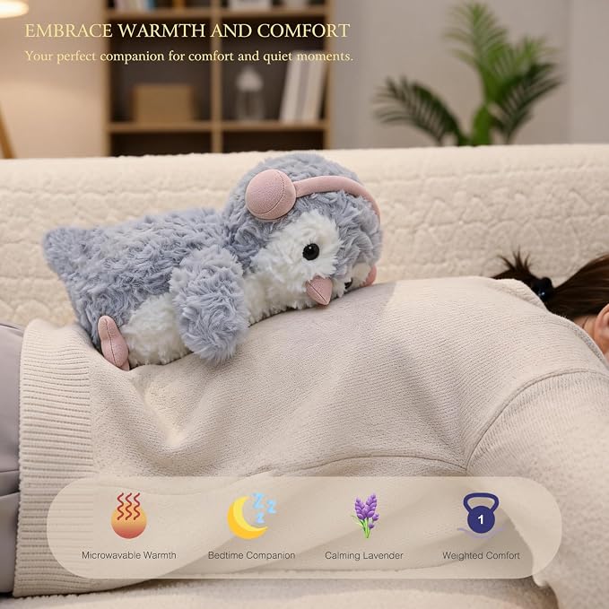 KOWSI® Microwavable Heating Pad Music-Loving Penguin Plush - Weighted Stuffed Animal Tourmaline & Lavender - 1 lb for Long Lasting Cozy Warmth & Relaxation - Includes Gift Box & Greeting Card