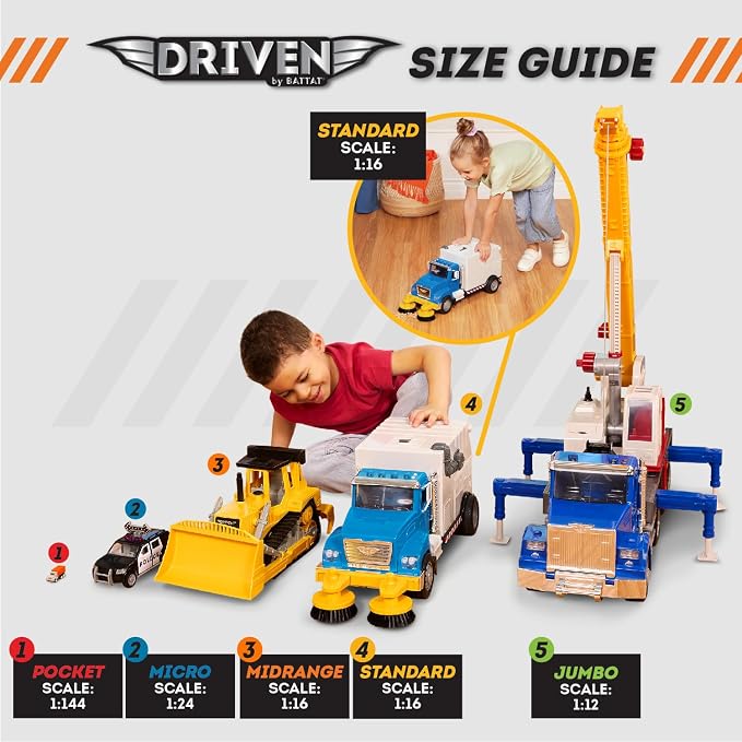 Driven by Battat – Large 18-Inch Electric Street Sweeper Kids ToysCars with Spinning Brushes & Lights – 1:16 Scale with Working Doors & Sounds – Tilting Container for 3+ Years