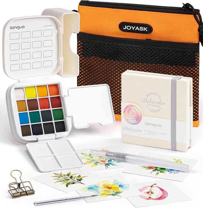Mini Watercolor Paint Set, All in One Portable Art Kit with 16 Colors, Palette, Crossbody Bag, Sketchbook, Clip and Brush, Travel Watercolor Set for Beginners Artists Outdoor Painting