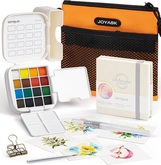 Mini Watercolor Paint Set, All in One Portable Art Kit with 16 Colors, Palette, Crossbody Bag, Sketchbook, Clip and Brush, Travel Watercolor Set for Beginners Artists Outdoor Painting