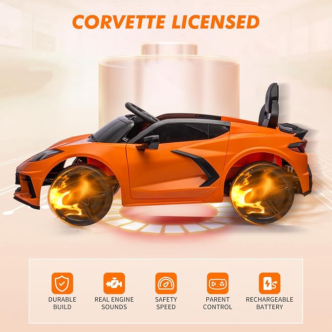 Garvee 12V Kids Ride on Car Licensed Corvette Toddlers Electric Sports Car Ride on Toy with Remote Control, Visual Dashboard, LED Lights, Music for Boys & Girls, Orange