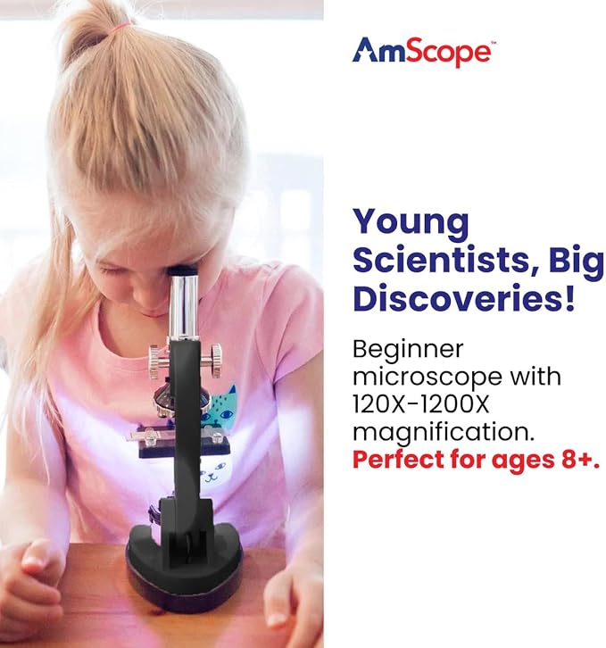 AmScope M30 Series 52-Piece STEM Microscope Kit for Kids - Monocular, Portable Compound Microscope for Kids - Includes Petri Dish, Slides & More - Black