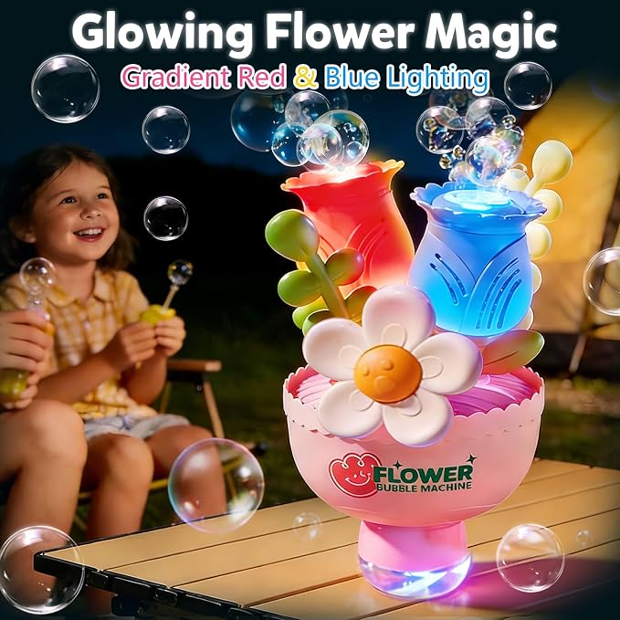 Dolanus Flower Bubble Machine for Kids Toddlers - Automatic Bubbles, RGB Lights, Rechargeable - Outdoor Outside Toys for, Toys for 3 4 5 6 7 8 Years Old Boys Girls, Gift for Party Wedding Birthday