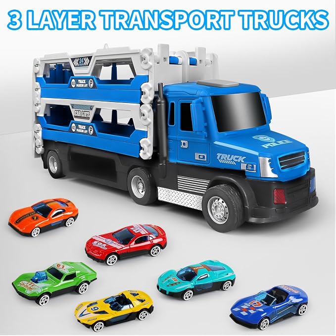 DOWELLIN 6 in 1 Transport Truck Toys for Kids, Police Trucks Carrier Cars with 6Pcs Metal Race Car with Light&Sounds, Toddler Vehicles Toys Gifts for Boys Girls Age 3 4 5 6 7 8-Blue