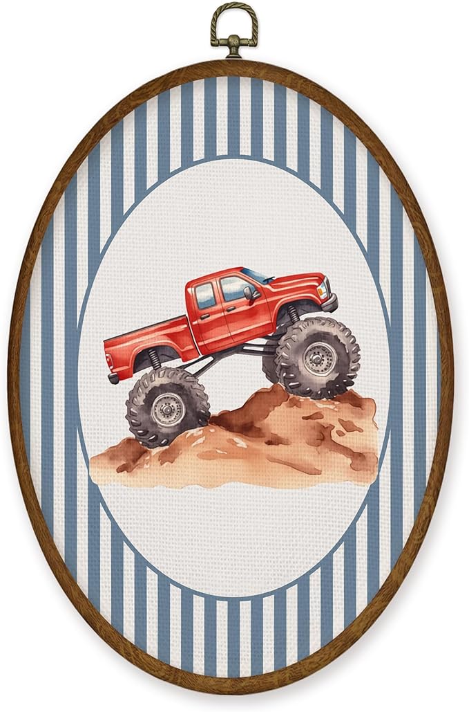 WULQYING Red Truck Boy Nursery Wall Art Decor, Kids Playroom Oval Framed Canvas Art Prints, Blue Striped Truck Wall Hanging Decor for Kids Boys Toddler Room Bedroom Playroom, 8.6x11.4 Inches