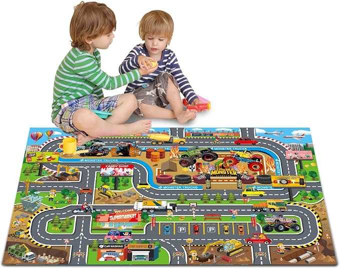 Oriate Kids Toy Dream Mat Monster Truck Activity Playmat, Multi Color Parent-Child Interaction Game Rug, Ideal Children's Educational Floor Mats for Monster Cars Construction Truck Toys 552-M