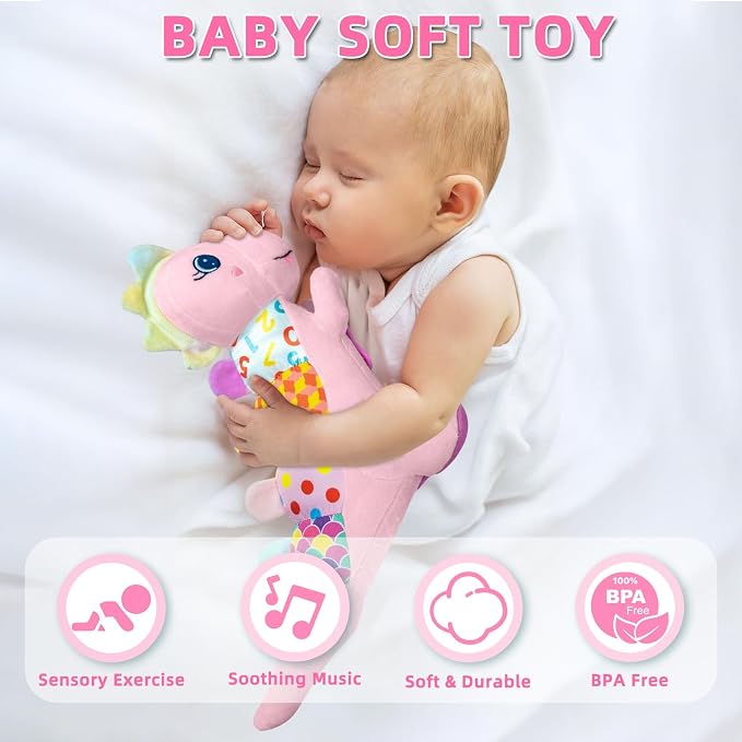 Baby Dino Musical Stuffed Animal Toys for 0-3-6-9-12 Months，Infant Dinosaur Tummy Time Toys with Crinkle Sound Paper,Teether，Textures & Rattles for Newborn Boys Girls Birthday Gifts，Pink