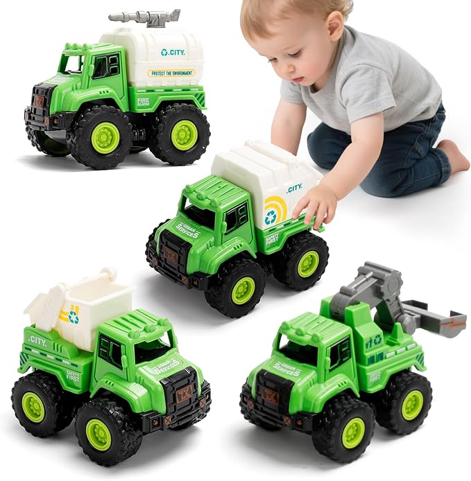 4 Pack Friction Powered Garbage Truck Toys, Push and Go Sanitation & Recycling Vehicle Set with Realistic Details, Eco-Friendly Trash Trucks for Toddlers 1-5, Gift for Boys Girls
