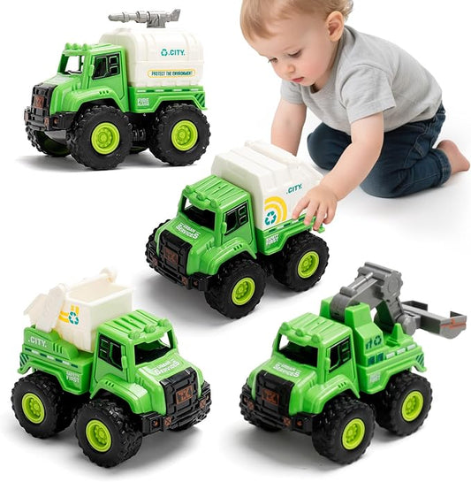 4 Pack Friction Powered Garbage Truck Toys, Push and Go Sanitation & Recycling Vehicle Set with Realistic Details, Eco-Friendly Trash Trucks for Toddlers 1-5, Gift for Boys Girls