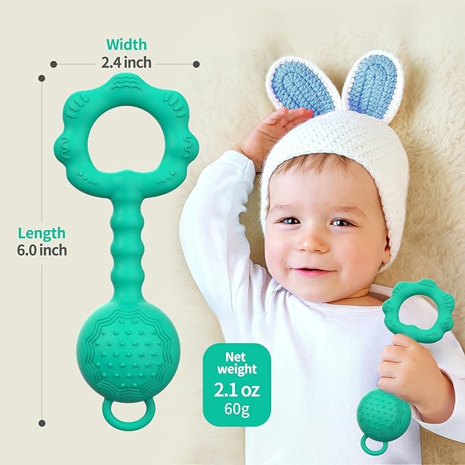 Teethers for Babies 6-12 Months, Rattles for Babies 0-6 Months, 2-in-1 Rattle and Teether Toy for Soothing Sore Gums and Keeps Little Ones Entertained, Food Grade Silicone (Spearmint)