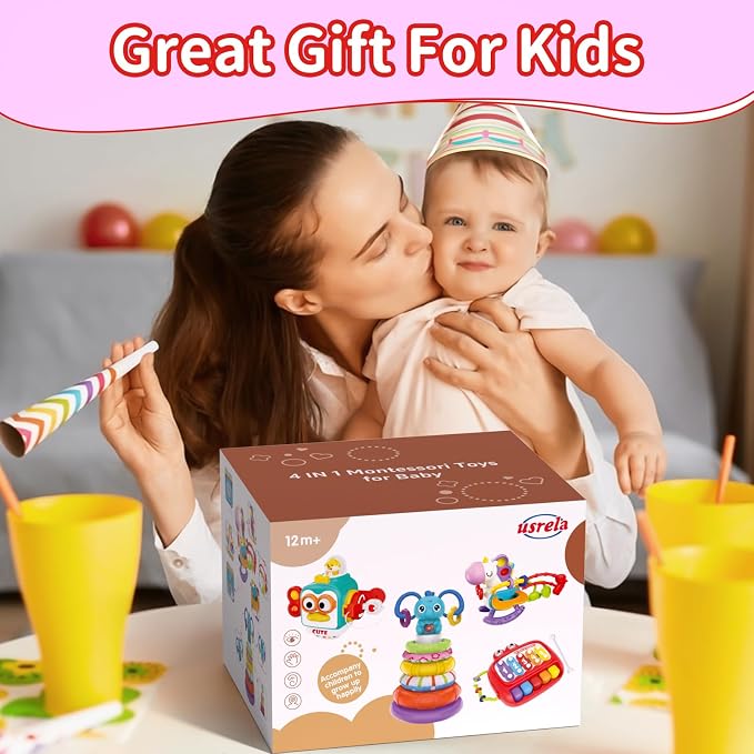 usrela 4 in 1 Baby Toy for 12 18 Month, Learning Toys for Babies 12-18 Months, Baby Busy Cube, Stacking Sorter, Pull String & Piano Xylophone Travel Toy, Birthday Gift for 1 2 Year Old