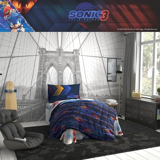 Sonic The Hedgehog 3 Movie Kids Bedding Super Soft Comforter and Sheet Set, 4 Piece Twin Size, (Officially Licensed Product) By Franco