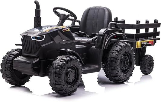 24V Kids Ride-On Tractor with Trailer, 400W Electric Farm Truck with Remote & Pedal Control, Headlights, USB MP3, Power Display, Adjustable Speeds, Safety Belt, Ride-On Toy Gift, Black
