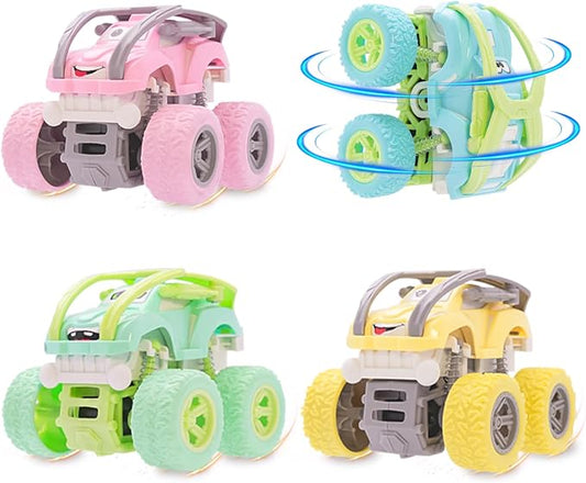 Monster Truck for Boys 3 4 5 6 7 Year Old,4 Pack Push and Go Friction Powered Car Toys, Double-Directions Inertia Pull Back Vehicle Set,Birthday Party Gift for Kids (Type_E)