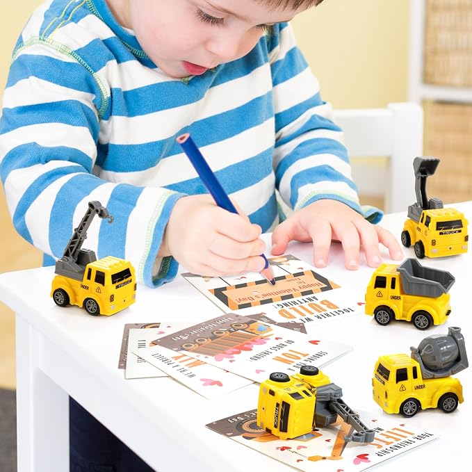 Thigreact Valentines Cards for Kids Classroom - Valentines Day Gifts for Kids - 24 Construction Vehicles Toys Card Bulk - Valentine Exchange Cards for Toddlers Boys School Party Favors