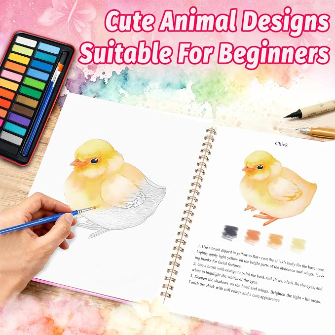 Watercolor Workbook - Coloring Book Beginner Friendly Painting Kit, Watercolor Workbooks for Adults with 24 Colors Paint, Exploration Gift for Adults Teens (Animals)