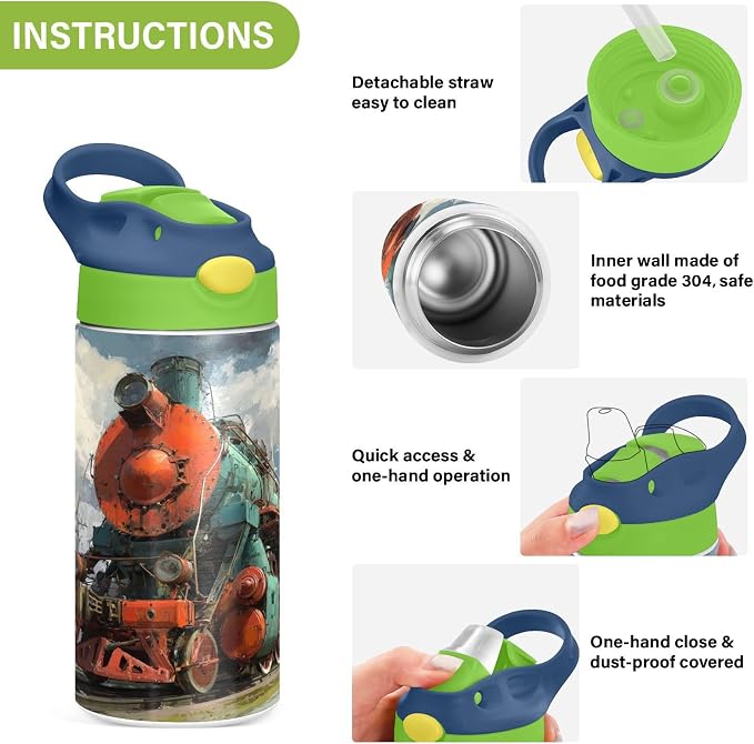 Boccsty Locomotive Train Kids Water Bottle with Straw Lid Insulated Stainless Steel Reusable Tumbler for Boys Girls Toddlers 12 oz Green