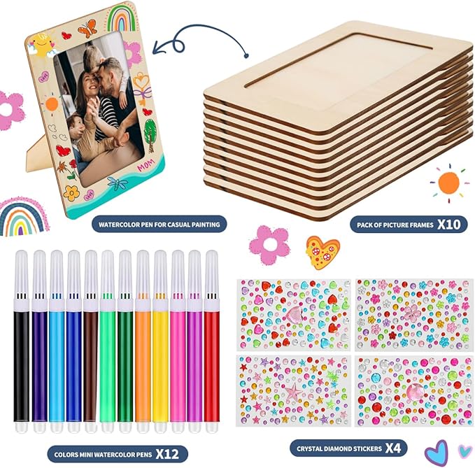 zjdbset Picture Frame Painting Craft Kit for 4 * 6 Photo,10Pcs DIY Unfinished Wooden Picture Frames with 12Pcs Painting Color Pen 4 Sheets Crystal Diamond Stickers for DIY Craft