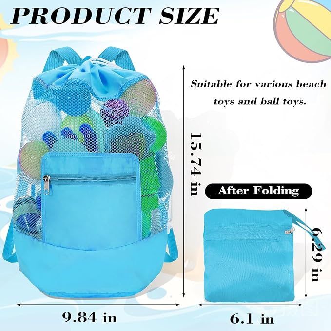 INVODA Mesh Beach Bag Drawstring Beach Backpack Foldable Toy Organizer Bag Shell Adjustable Straps Large Capacity Swim Bag