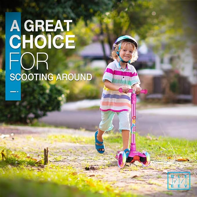 BELEEV Scooters for Kids 3 Wheel Kick Scooter for Toddlers Girls Boys, 4 Adjustable Height, Lean to Steer, Light up Wheels, Extra-Wide Deck, Easy to Assemble for Children Ages 3-12