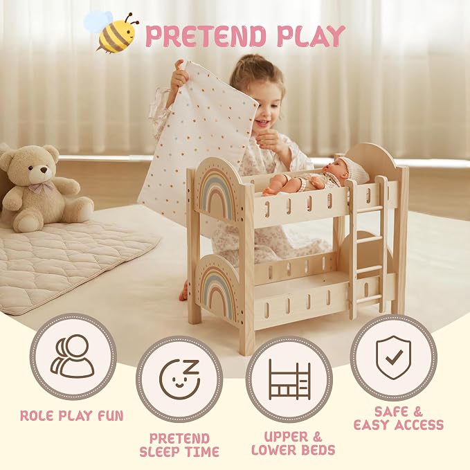 Freniland Wooden Doll Bunk Bed with Ladder & Bedding – Two-Level Doll Bed Includes 2 Mattresses & 2 Pillows, Pretend Play Furniture for 18 Inch Dolls