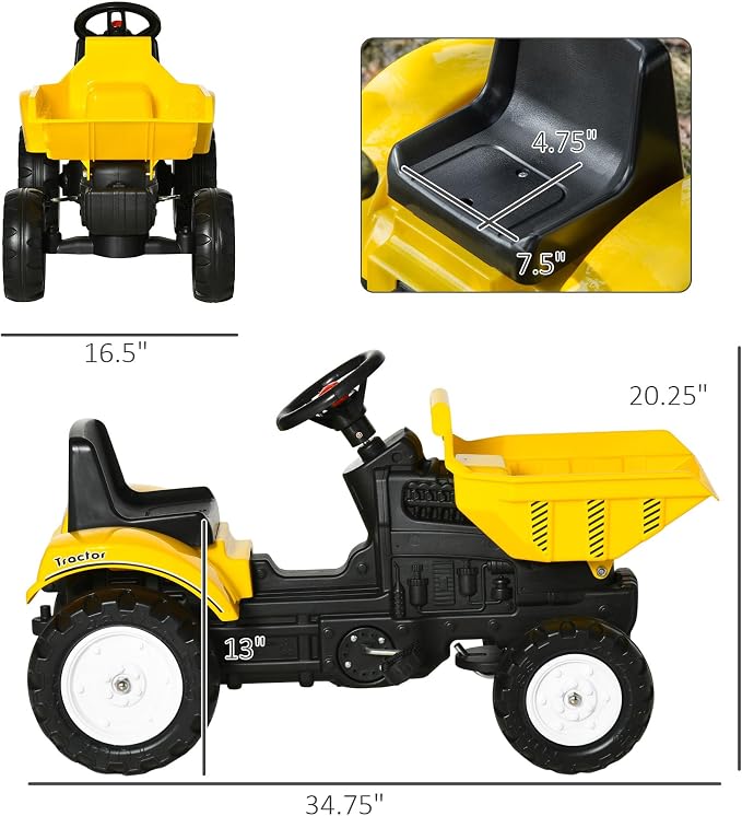 Aosom Ride On Excavator with Manual Control Bucket, No Power Ride on Tractor Pedal Car Pretend Play with Forward Backward, for Aged 3-6 Years Old, Yellow