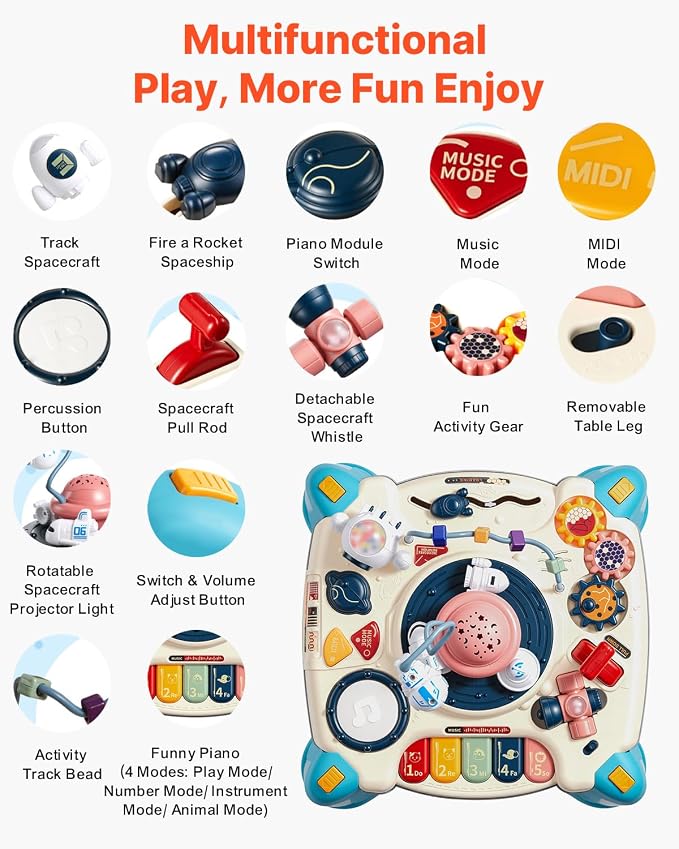 VEVOR Baby Spacecraft Musical Table Toys for Toddlers 6–18 Months, Learning Activity Desk with Space Theme & Soft-Glow Star Projector & 60+ Sound Sources, Toddler Learning Table, for Kids 6-18 Months