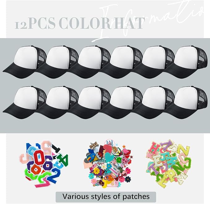 Hercicy 12 Pack DIY Trucker Hats Kit, Sublimation Blank Baseball Caps with 120 pcs Embroidered Patches DIY Craft for Party(Cute,Black&White)