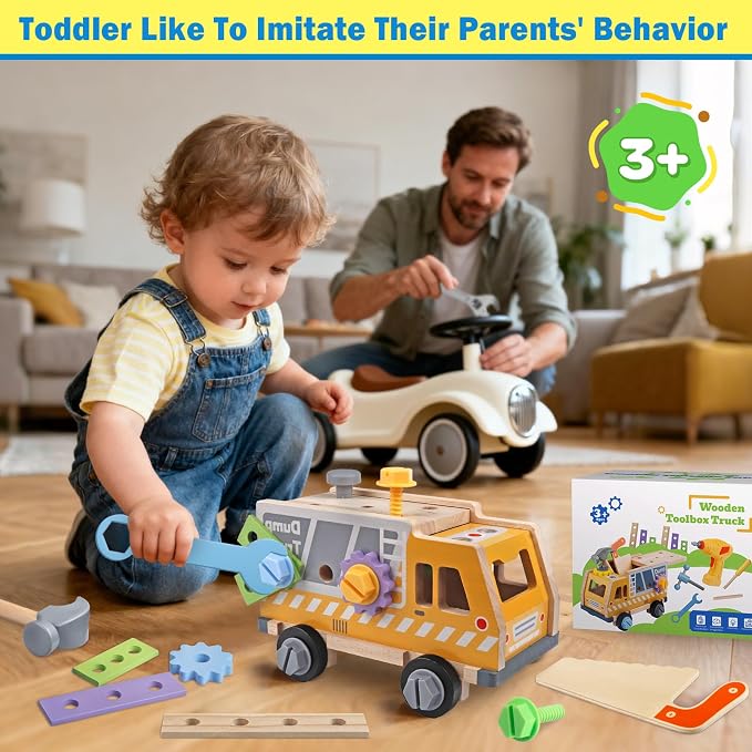 Kids Tool Set - 40 Pcs Wooden Toddler Tool Bench with Toy Drill,Montessori STEM Construction Pretend Play Toys for 3 4 5 Year Old Boys Girls, Toolbox Truck with Storage, Toddler Birthday Gift