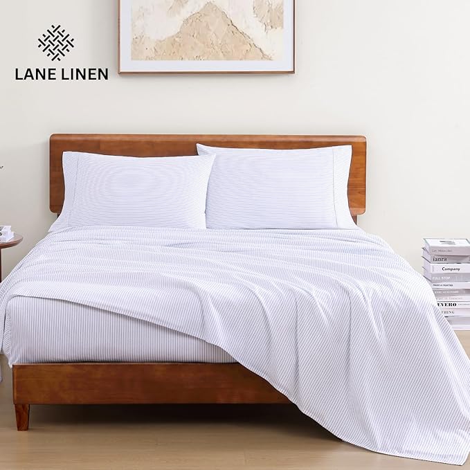 LANE LINEN California King Bed Sheets 100% Organic Cotton - Ticking Stripe | GOTS Certified Organic Cotton Percale Cal King Sheet Set - For Hot Sleepers, All-Season Comfort, For Master Suites