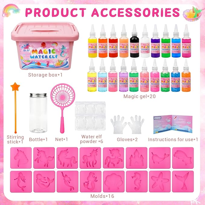 RYNZELA Magic Water Elf Toy Kit – Unicorn & Mermaid Aqua Gel Water Pets for Girls Ages 4–8, 20 Gels & 16 Molds – Easy to Color Gift with Magical Themes for Your Creative Little Princess