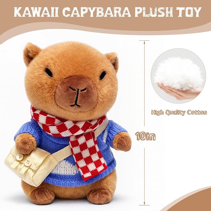 10.2" Brown Capybara Plush Toy with 9 Clothes and Accessories Super Soft Capybara Stuffed Animal for Kids Girls Boys (Blue Capybara)