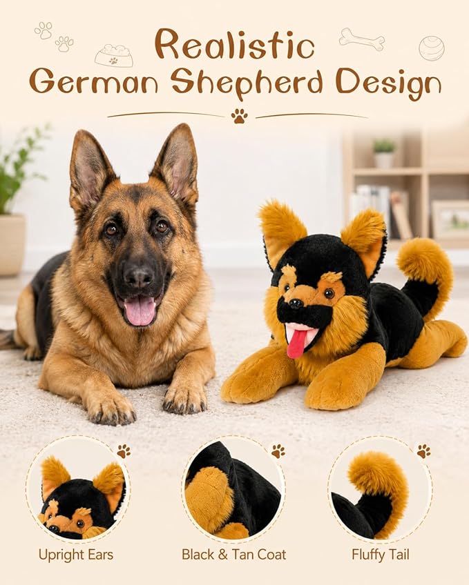 MaoGoLan 5Pcs Giant German Shepherd Dog Plush Toys with 4 Babies, Realistic Soft and Cuddly Stuffed Dog Puppies for Kids, Puppy Lovers