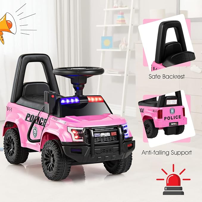 OLAKIDS Ride On Push Police Car, Toddler Foot-to-Floor Sliding Toy with Siren, Steering Wheel, Megaphone, Horn, Headlights, Under Seat Storage, Kids Racer Walking Gift for Boys Girls 1-3 (Pink)