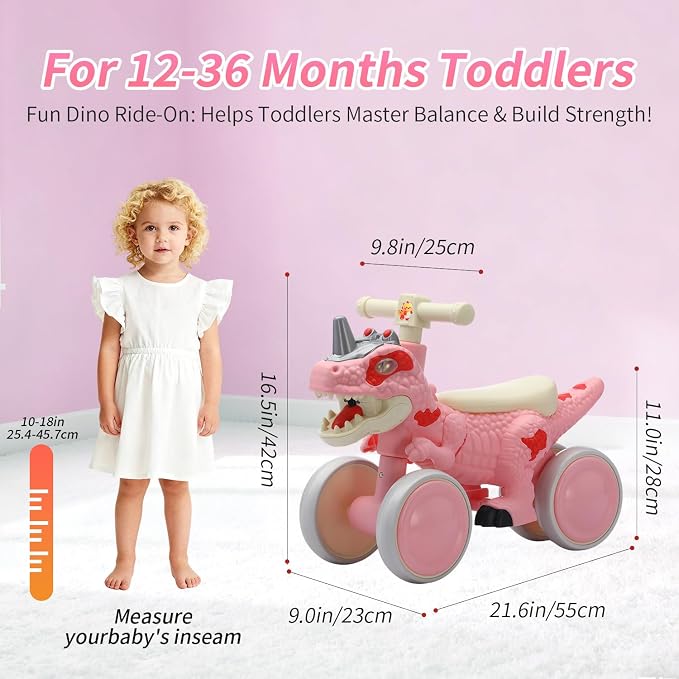 Dinosaur Balance Bike for 1-3 Year Olds, 4-Wheel No-Pedal Bike for Walker, Ride on Toys for Toddlers with Music and Mist Spray, First Birthday Gift for Boys & Girls (Pink)