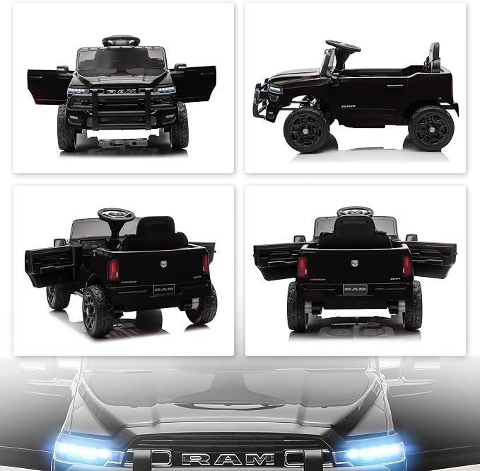 Qaba 12V Kids Ride on Car, Licensed Dodge RAM 3500 Electric Car for Kids with Dual Motors, Parent Remote Control, Rear Suspension, Power Display, Bluetooth Music and LED Lights, Black