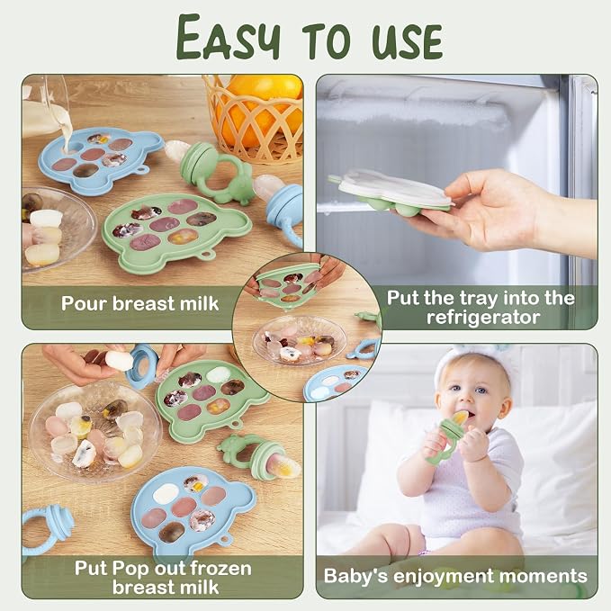 Baby Breastmilk Popsicle Molds & Babies Fruit Feeder (4 Pack), Infant Food Freezer Tray Storage Containers, Silicone Teething Pacifier Feeder and Teether for Babies,Baby Feeders（Green）