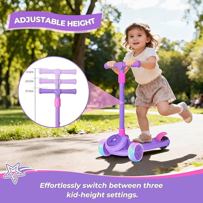 Nattork Kids Scooter for Girls Boys with Light Up Wheels, 3 Adjustable Height Handlebars, Lean-to-Steer Technology, Widen Anti-Slip Deck, 3 Wheel Scooter for kid ages 3-8, Support Riders Up to 110 LBS