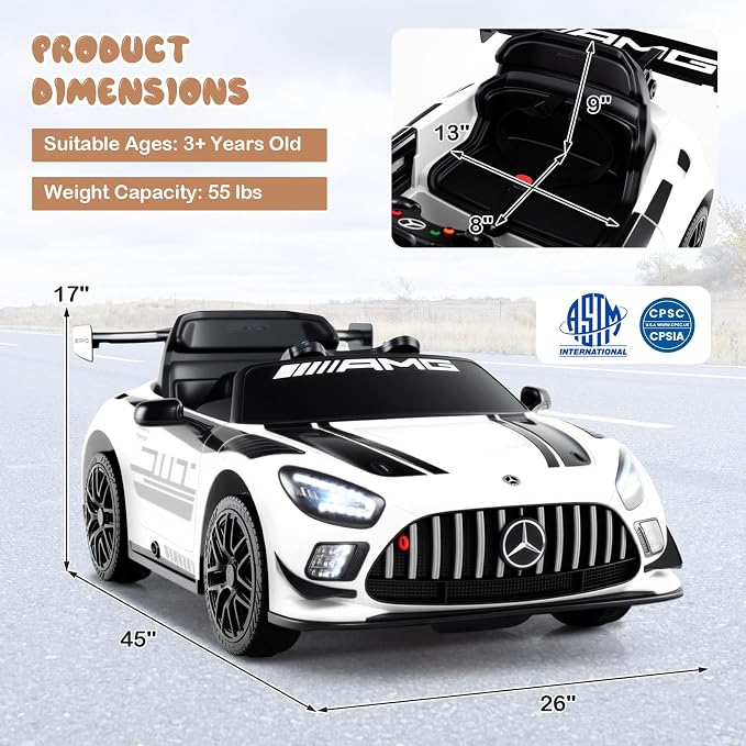 Costzon Ride on Car, 12V Licensed Mercedes-AMG GT3 Kids Car with Remote Control, 3 Speeds, LED Lights, Music, Wireless, Transport Wheels & Soft Start, Electric Vehicle for Toddlers Aged 3+ (White)