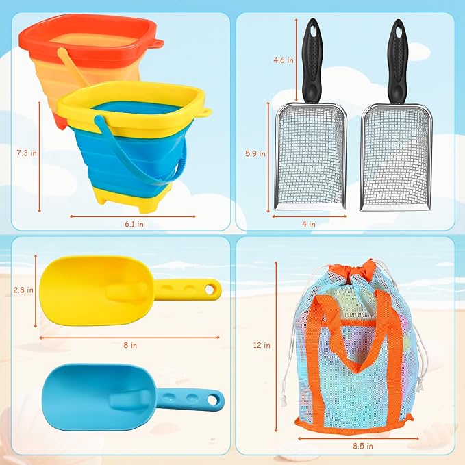 Beach Sand Toys Set for Kids, 2-Pack Collapsible Sand Buckets with 2 Metal Sifter & 2 Plastic Shovels & Mesh Bag | for Easter Egg Hunt Shell Collecting Castle Building Summer Travel