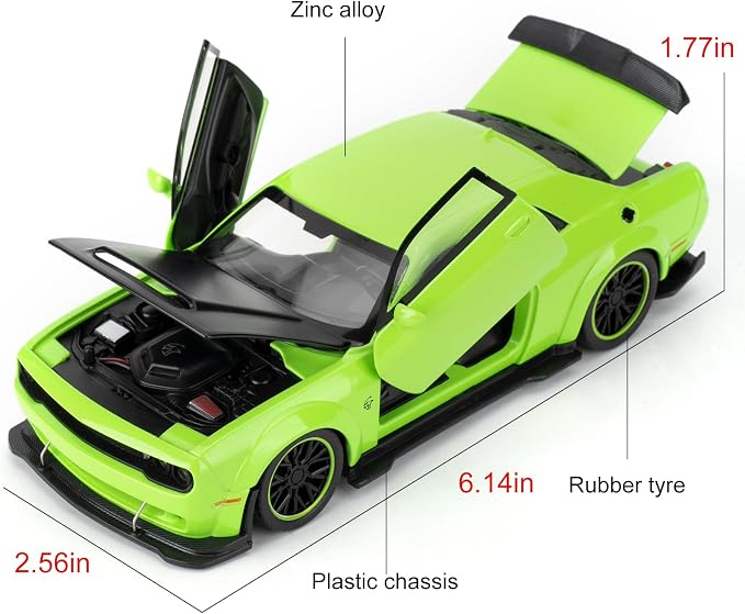 WAKAKAC Toy Cars Compatible for 1:32 Dodge Challenger SRT Hellcat Model Cars, Pull Back Die-cast Vehicles, Collectible Cars with Sounds＆Lights for Kids Boys Girls and Adults, Gift Green