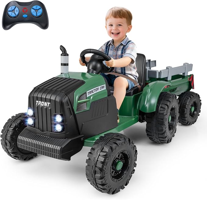 Costzon 24V Ride on Tractor with Detachable Trailer, Kids' Electric Vehicles with 3 Speeds, 15° Climbing, Wireless Design, Horn & Music, Remote Control Tractor Toy for Kids 3+,Gift (24V, Deep Green)