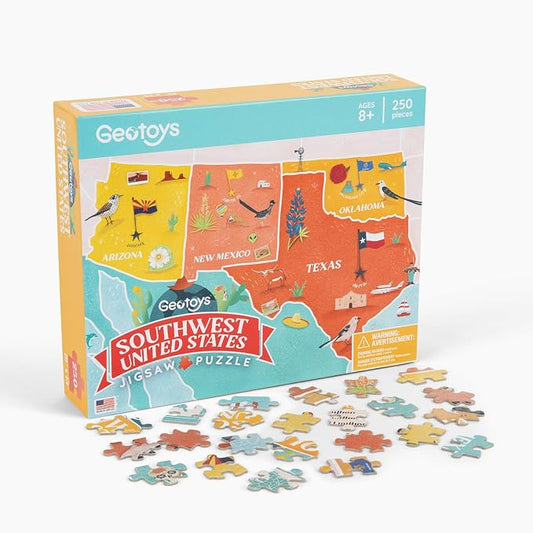 Geotoys Southwest Region Jigsaw Puzzle - Educational and Interactive Map Game - 250 Piece Puzzles - Jigsaw Puzzles for Kids Ages 8-12 - Kids Puzzle Games with Colorful Landmarks
