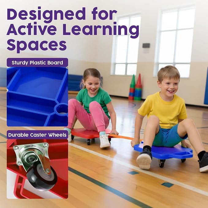 Hurtle Scooter Boards for Kids with Safety Handles, 2-Pack Heavy Duty Gym Floor Scooters with 360° Wheels for PE, Indoor Active & Sensory Play, Support 200 lbs, Includes Cones & Tow Strap, Blue & Red