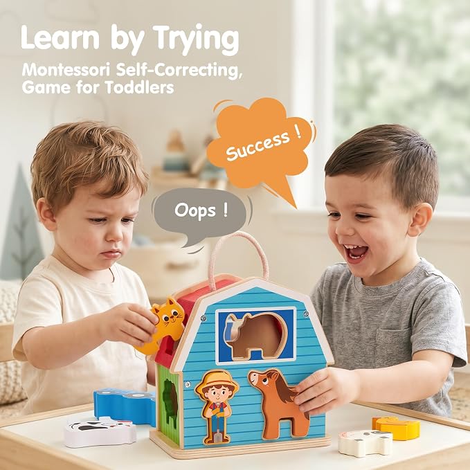 hahaland Wooden Montessori Toys for 1 Year Old, Farm Animals Barn for Toddlers 1-3 Shape Sorter Stacking Learning Toy for 1 2 3 Year Old Boys Girls Educational Toy Christmas Birthday Gift