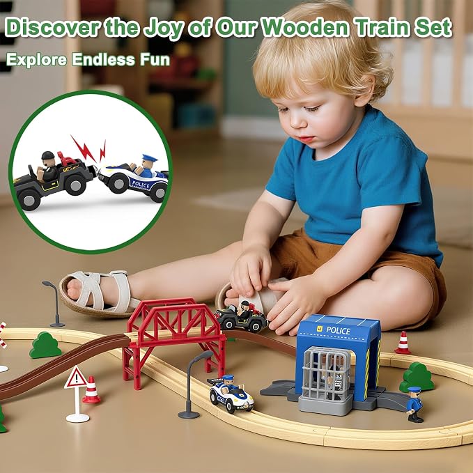 Wooden Train Set for Toddlers, 52Pcs Train Toy with Railway Track for Kids, Wooden Train Tracks Include Expansion Pack Compatible with Thomas, Brio, Chuggington