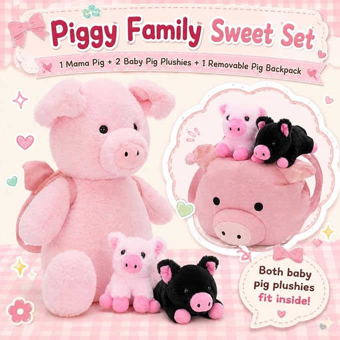 Pig Plush Toy Set, 21" Large Mother Pig Stuffed Animal with 2 Baby Pigs and Removable Backpack, Soft Farm Animal Plushies for Kids, Birthday