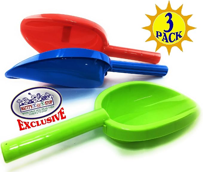 Matty's Toy Stop Kids Sand Shovels for Beach & Sandbox – 3 Pack 14" Long Handle Plastic Sand Scoops, Red Blue Green, Outdoor Beach Toys for Boys & Girls