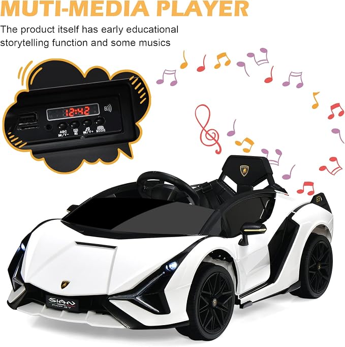 INFANS 12V Licensed Lamborghini Sian Kids Ride On Car with Parent Remote Control, Spring Suspension, MP3 Player, Electric Toy Roadster Carbon Fiber Textured for Toddler (White)